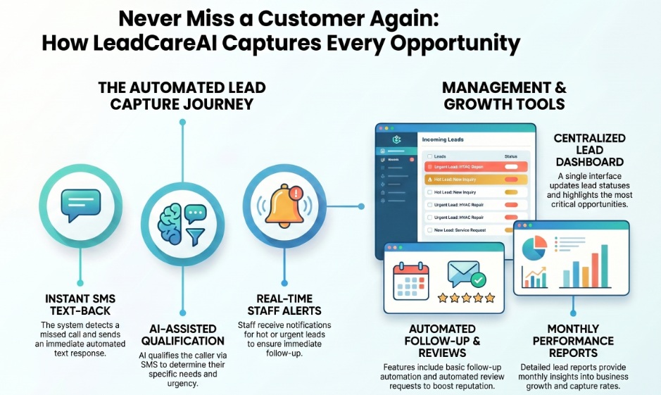 How LeadCare AI captures every opportunity: instant SMS text-back on missed calls, AI-assisted qualification, real-time staff alerts, centralized lead dashboard, follow-up automation, and monthly performance reports