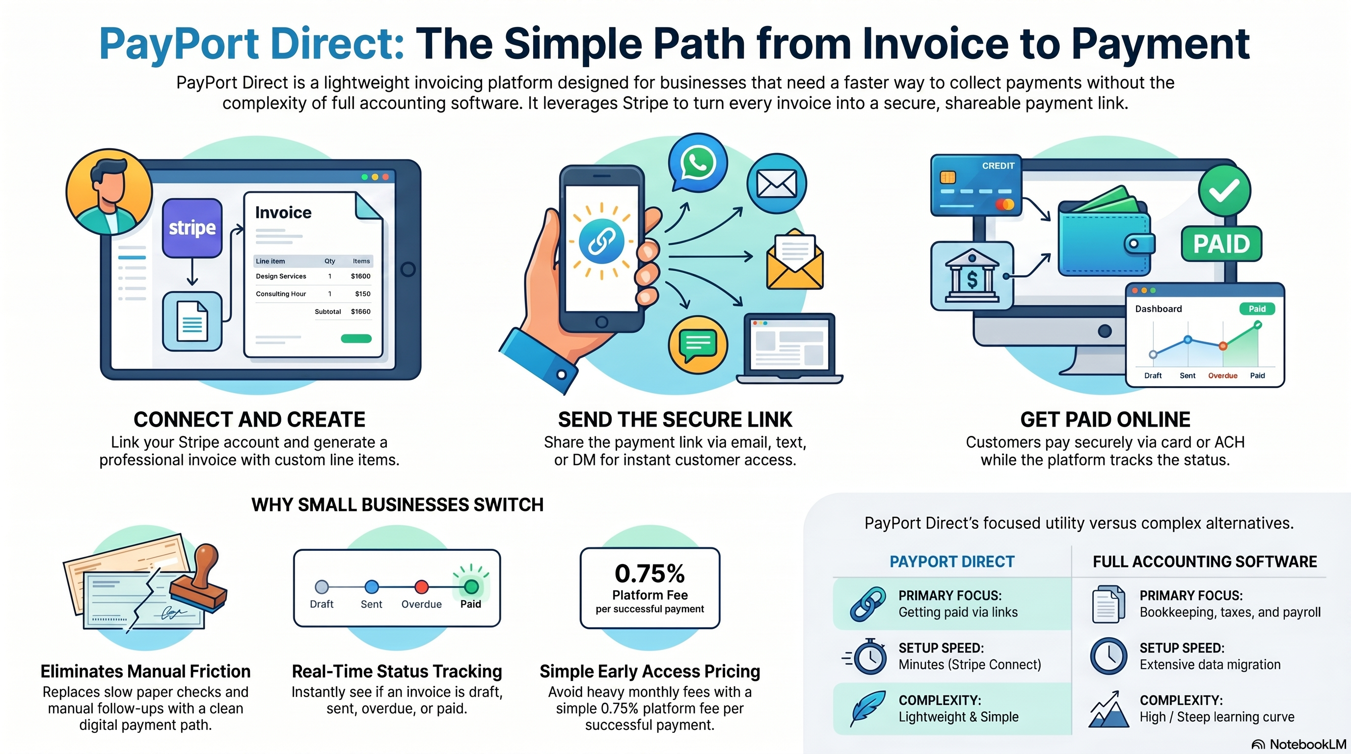 Infographic: PayPort Direct invoice payment platform workflow from Stripe connect and invoice creation to secure links and paid status tracking