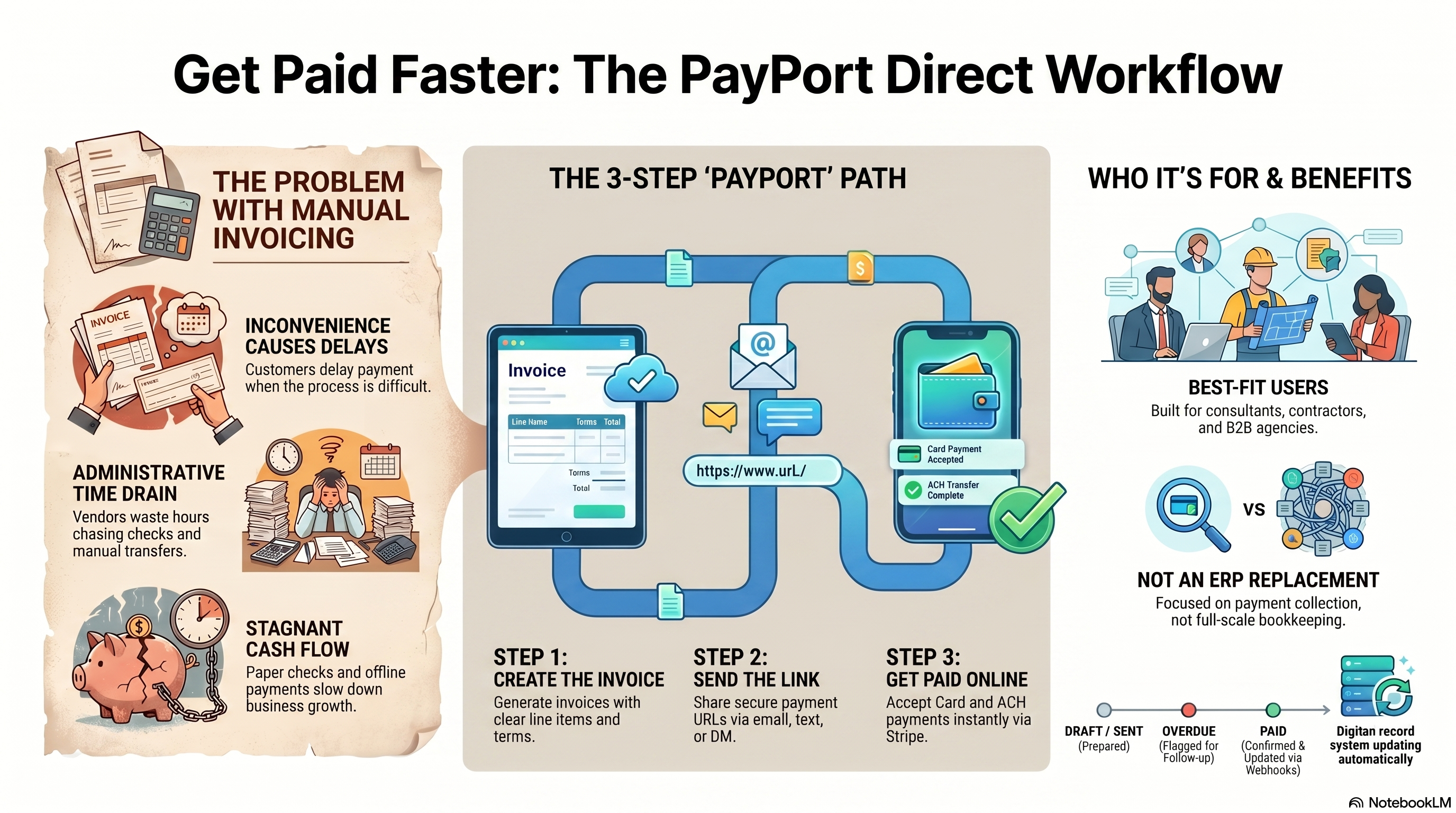 Infographic: manual invoicing problems vs the PayPort Direct 3-step workflow for small businesses
