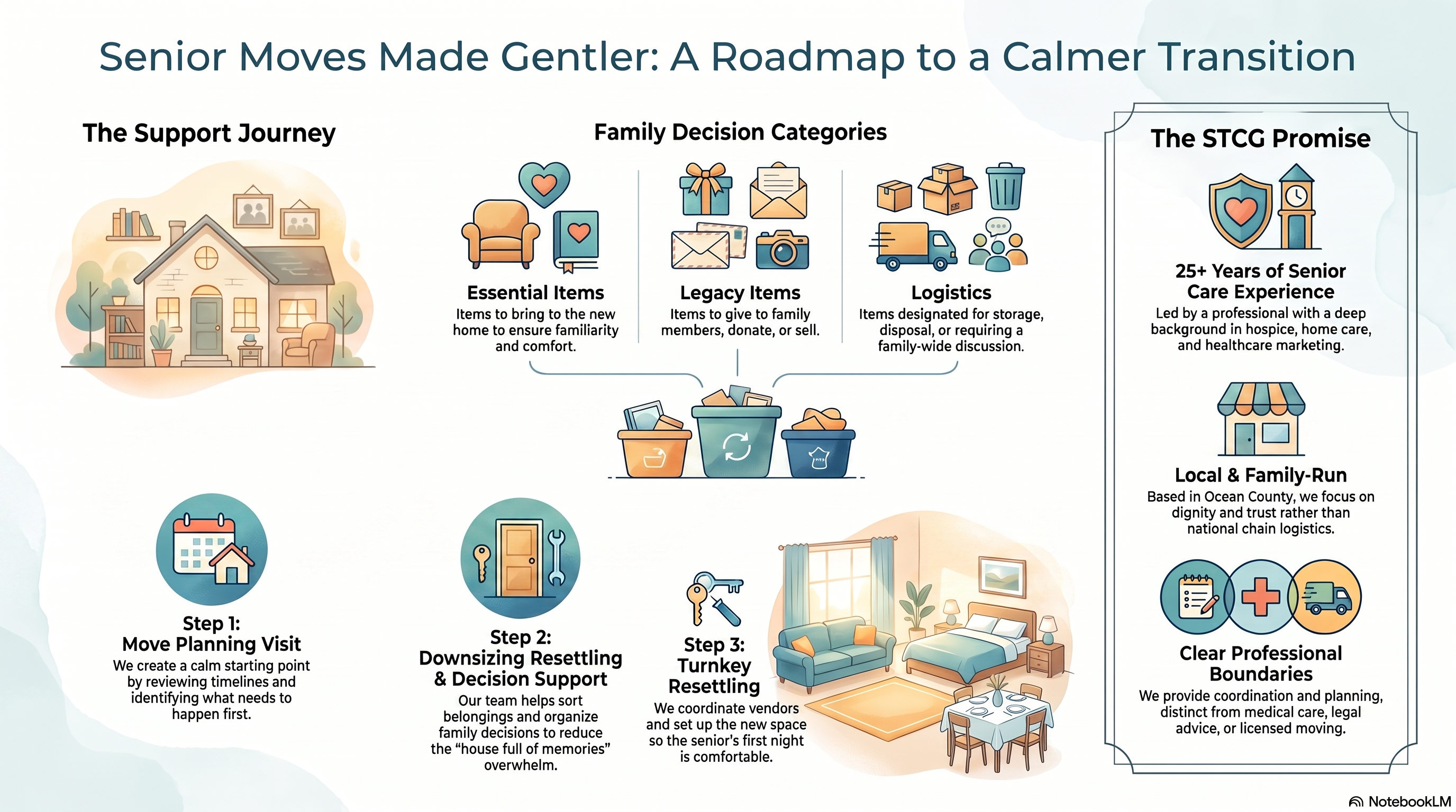 Infographic: Senior Moves Made Gentler — a roadmap showing essential items, legacy items, logistics, the STCG promise, and a three-step process from move planning visit through downsizing to turnkey resettling.
